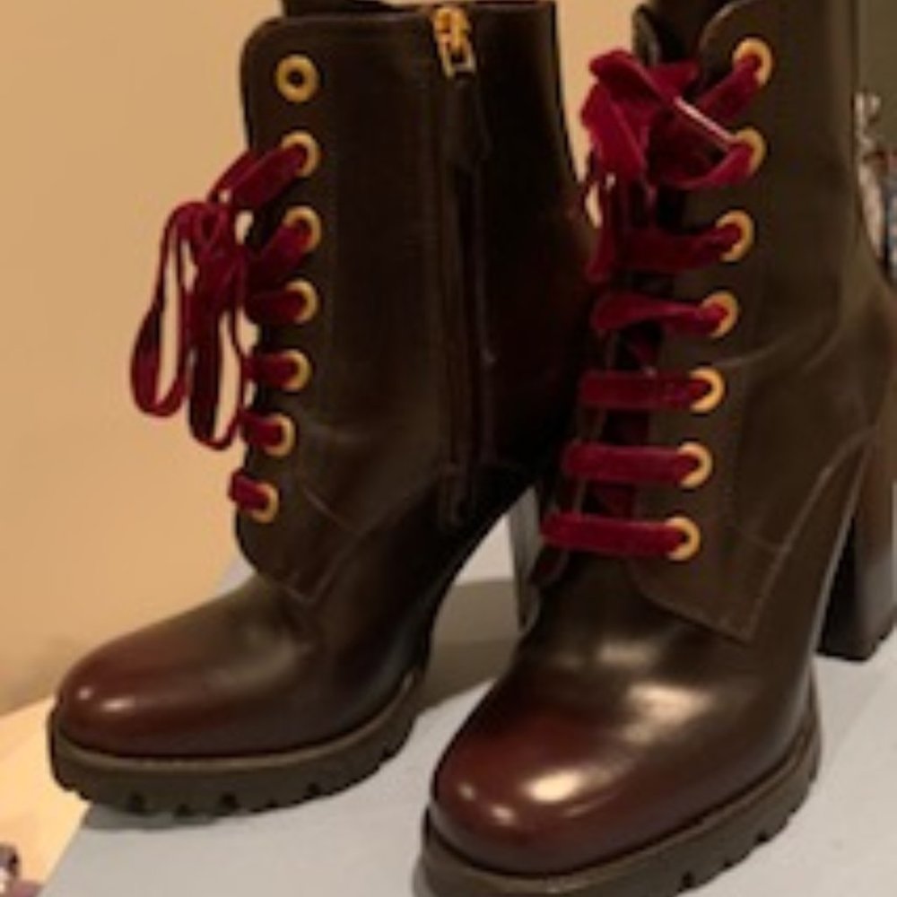 Burgundy velvet laced PRADA boots